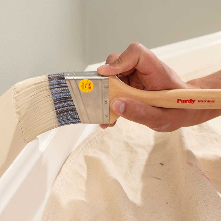 Purdy Spirex brush painting above a baseboard