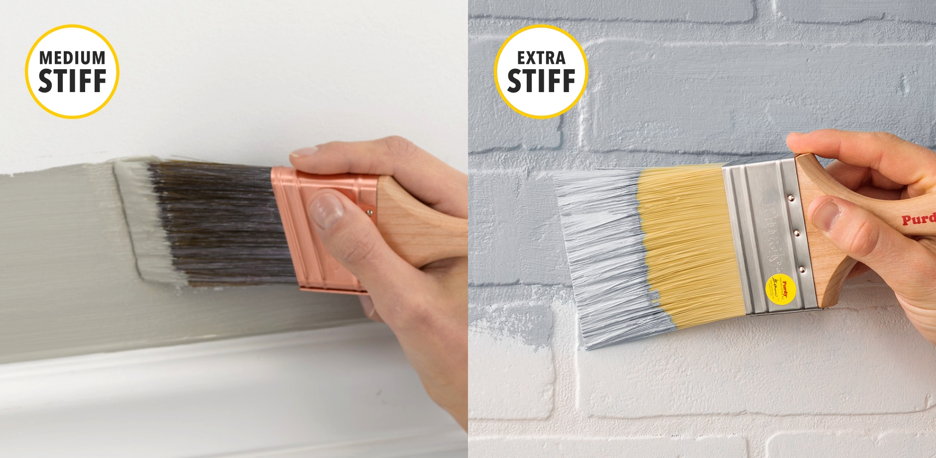 Split image showing a brush painting above baseboard, and a brush painting a brick wall.