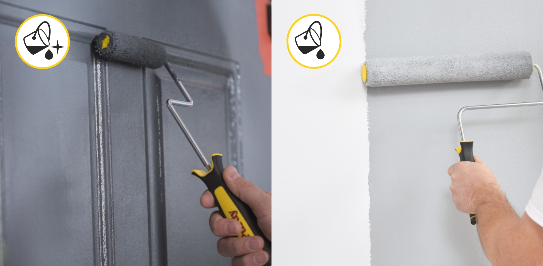 Split image showing a mini roller painting a door with a glossy paint and a large roller painting a wall with a eggshell finish.