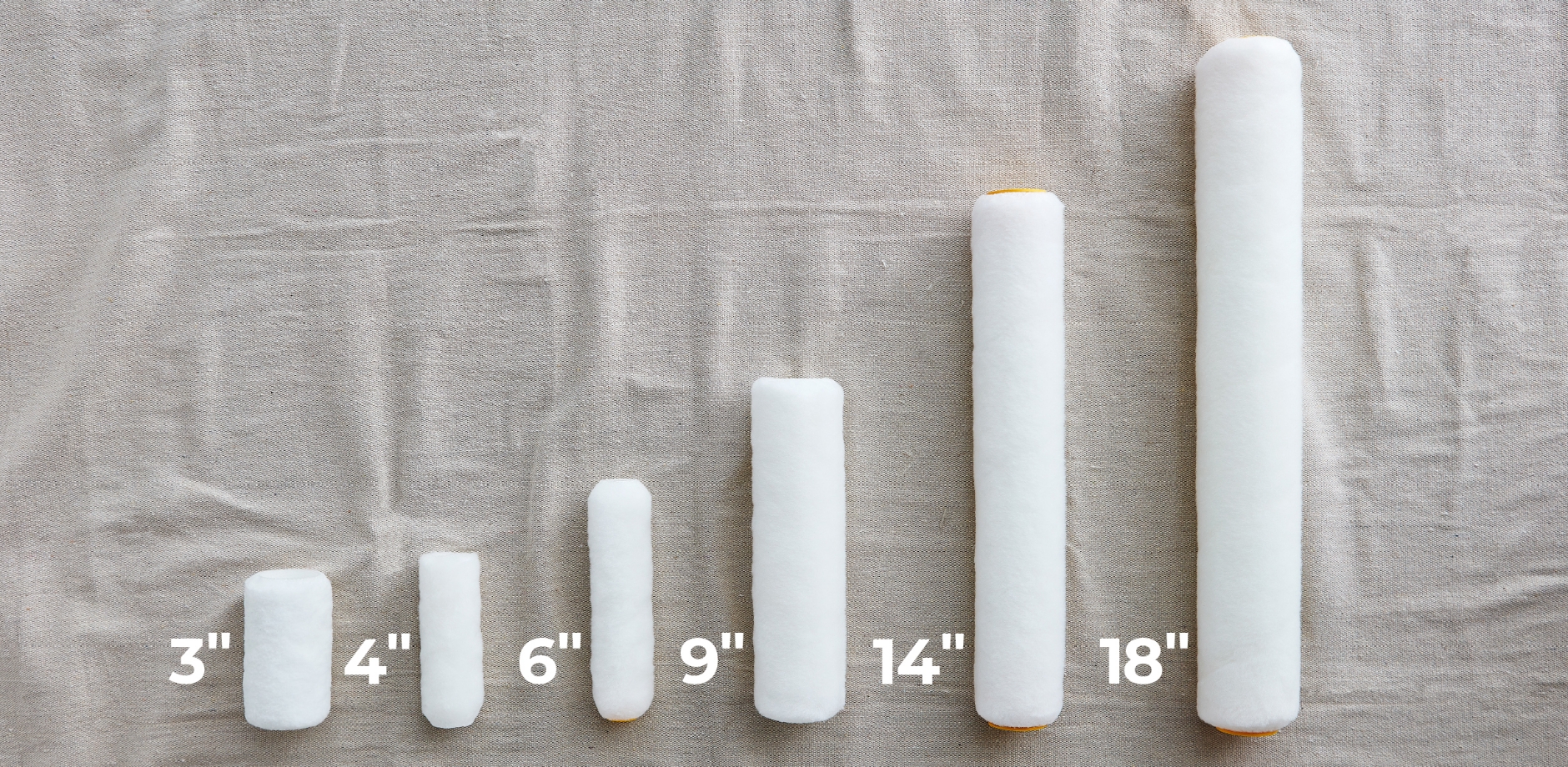 Various roller covers in ascending order of size, from three inches to eighteen.