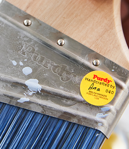 Close up of Purdy brush showing handcrafted by Ana sticker